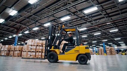 Wide-angle video shot of a forklift in a spacious warehouse, highlighting industrial efficiency and logistics with a dynamic, professional style. - Powered by Adobe
