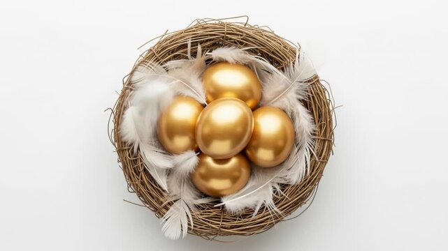 Overhead shot of a rustic woven nest containing five golden eggs, nestled amongst white feathers, against a plain white background