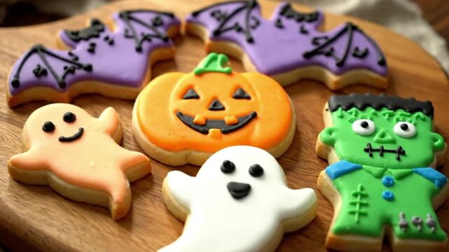A festive and colorful assortment of intricately decorated sugar cookies rests on a warm wooden surface, perfect for seasonal celebrations. The delicious homemade treats feature playful designs includ