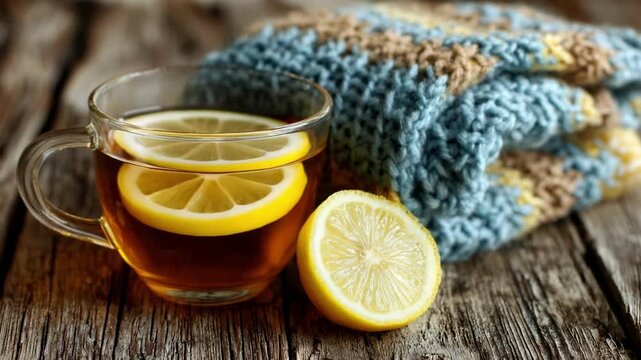 A glass cup of tea with a lemon slice on a rustic wooden table, beside a blue knitted blanket.