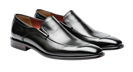 Elegant black leather slip on loafer shoes for men with red interior detail on a black background