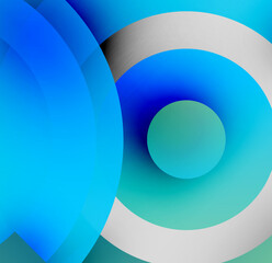 Abstract composition featuring overlapping circles. Shades range from vibrant blue to soft teal, creating depth. Minimalist design, modern aesthetic.