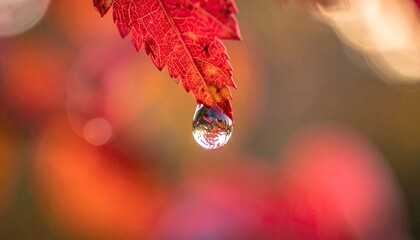 Close up macro of a single bright red autumn leaf with a clear water droplet hanging from its edge reflecting 