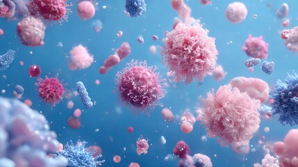 Pink and blue viruses and bacteria float against a blue backdrop, a visualization of science and medicine. A 3D rendering brings this microscopic world to life.
 