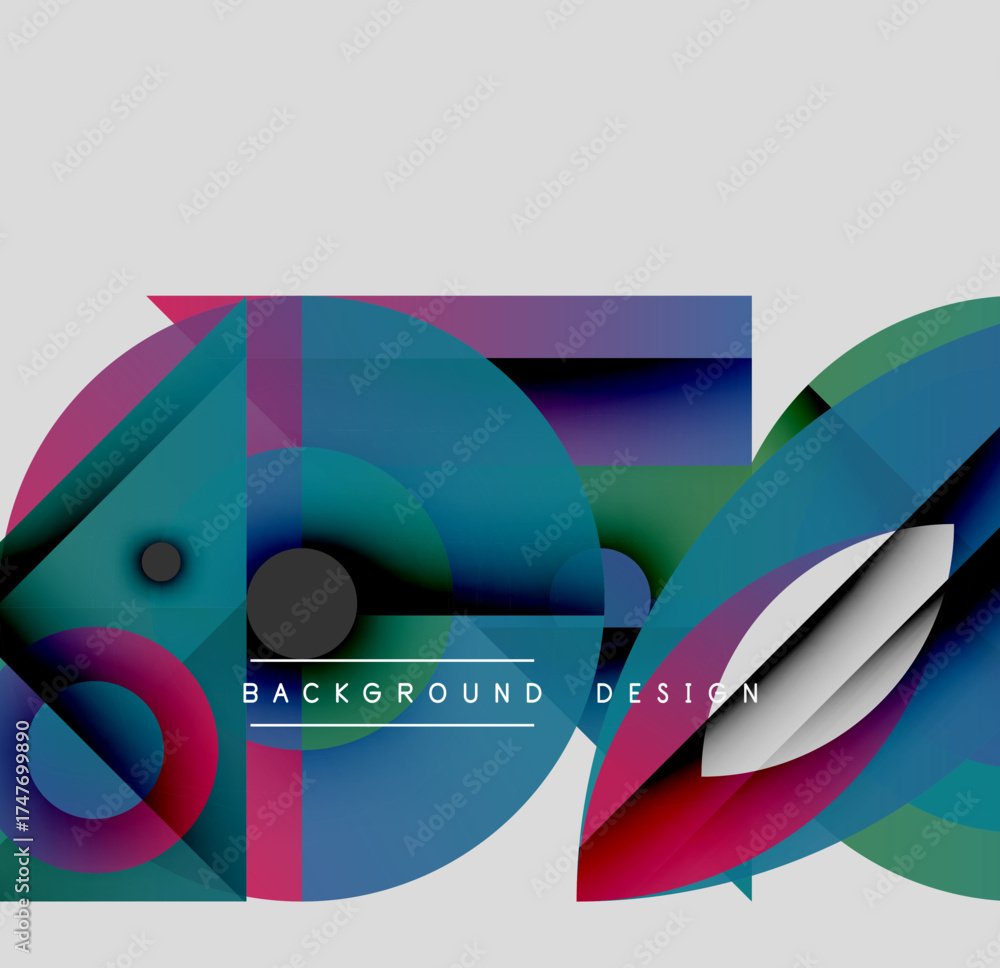 Wall mural abstract geometric shapes overlap, creating vibrant color gradients. text reads background design. m