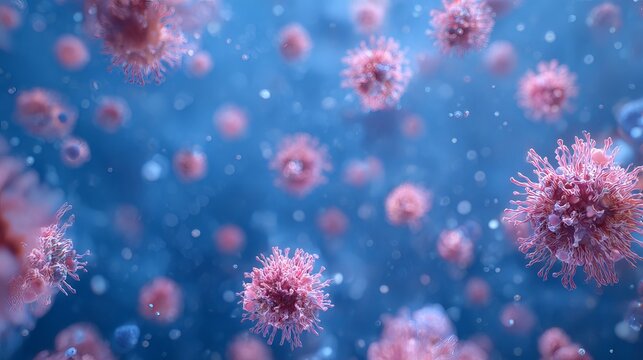 Pink and blue viruses and bacteria float against a blue backdrop, a visualization of science and medicine. A 3D rendering brings this microscopic world to life.
 