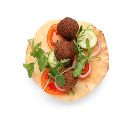 Delicious pita with falafel and fresh vegetables on white background