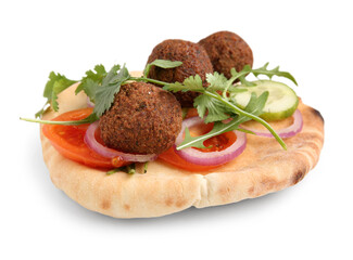 Delicious pita with falafel and fresh vegetables on white background