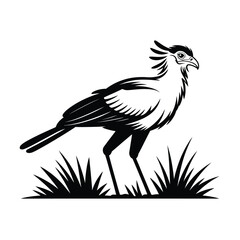 Striking black and white illustration of a secretary bird in grass