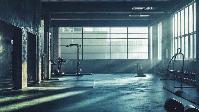 Empty gym interior with modern fitness equipment and sunlight