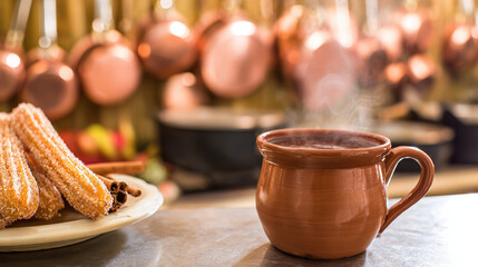 Fototapeta premium churros. A clay cup of hot chocolate with churros, capturing the warmth of Spanish National Day. menu design, packaging mockups, designed for culinary blogs and recipe cards for restaurants
