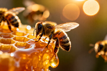 A close-up, backlit view of a worker honey bee standing on a glistening, freshly capped honeycomb dripping with golden honey, illuminated by the warm light of a rising or setting sun with beautiful bo