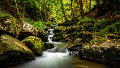 Obraz premium Serene forest scene captures flowing water and verdant foliage