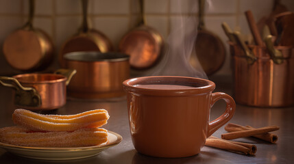 Fototapeta premium churros. A clay cup of hot chocolate with churros, capturing the warmth of Spanish National Day. menu design, packaging mockups, designed for culinary blogs and recipe cards for restaurants