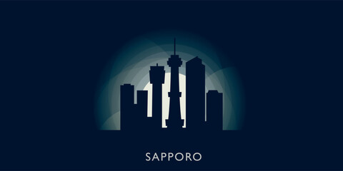 Sapporo cityscape skyline city panorama vector flat banner illustration. Japan metropolitan emblem with landmarks and building silhouettes at sunrise sunset night
