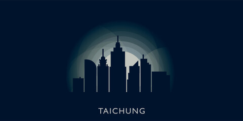 Taichung cityscape skyline city panorama vector flat banner illustration. Taiwan metropolitan emblem with landmarks and building silhouettes at sunrise sunset night