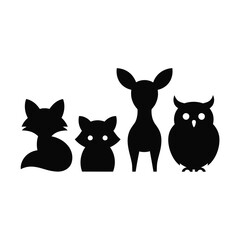 Black silhouette of four forest animals on a white background