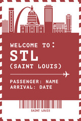 Welcome to Saint Louis USA card template. Vector postcard illustration with airport code, skyline, flight info. Boarding pass, luggage tag image layout