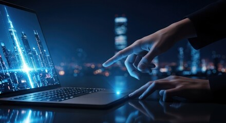 Laptop user with cityscape display; fingers touching trackpad, night lights