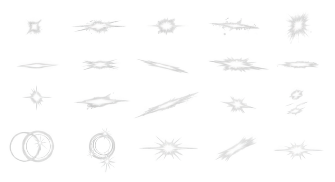 Diverse collection of white sparkle and light effects isolated on transparent background