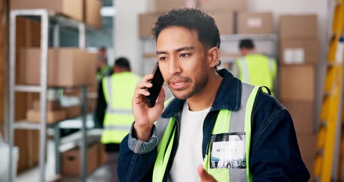 Conflict, logistics and phone call with man in warehouse for delivery, distribution or shipping. Backlog, explain and problem solving with unhappy supply chain employee in depot for resolution