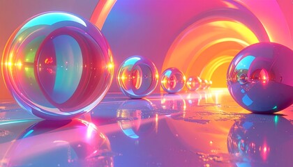 A row of reflective crystal spheres in a futuristic neon tunnel with vibrant glowing arches and glossy reflections