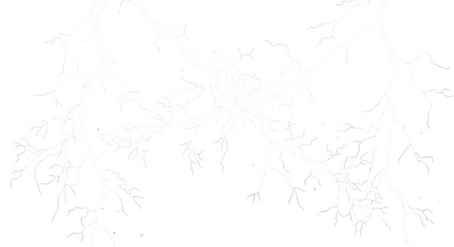 Electric storm illustration with intense white lightning on dark backdrop isolated on transparent background