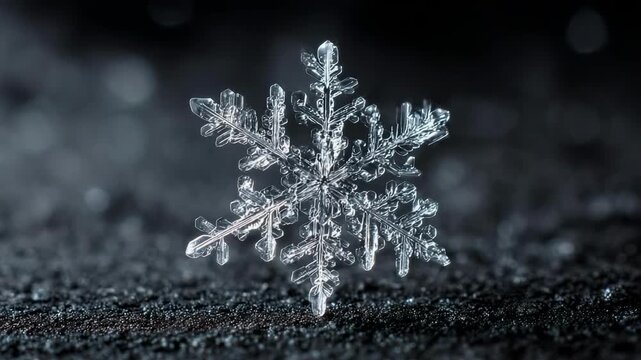 Close-up of a delicate snowflake resting on a dark, glistening surface.