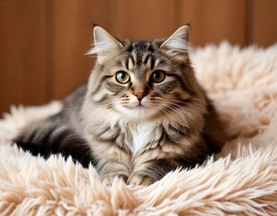 Naklejka premium A cat lies on a furry cream blanket. Cute fluffy pet. Poster, sticker, card.