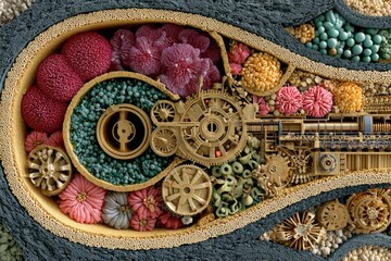 Steampunk inspired biological machine interior. Merging vintage mechanical design with modern bioengineering.