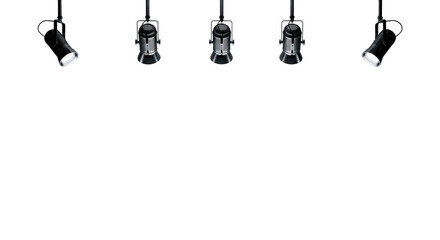 Five black hanging spotlight lamps illuminate stage isolated on transparent background