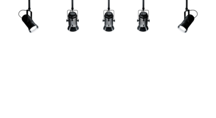 Five black hanging spotlight lamps illuminate stage isolated on transparent background