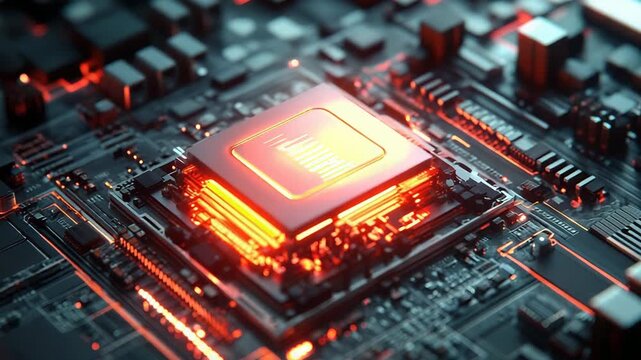 Central processing unit circuit board glowing red