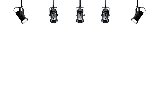 Five black hanging spotlight lamps illuminate stage isolated on transparent background