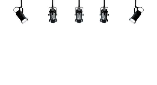 Five black hanging spotlight lamps illuminate stage isolated on transparent background - Powered by Adobe