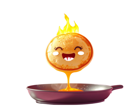 A happy pancake with a smiling face is flying over a pan of melted butter in a pink  