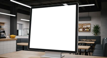 Fototapeta premium Blank digital display in modern office breakroom.