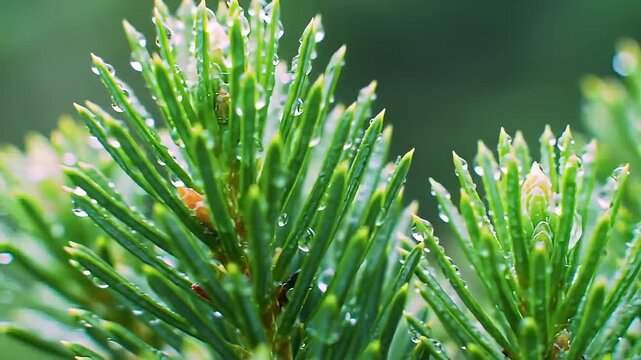 Green pine needles with water drops after rain in natural forest
