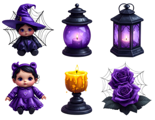 Six Spooky Halloween 3D Rendered Icons Set Purple Lantern Black Spider Web Yellow Can 