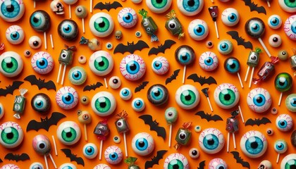Fototapeta premium Pattern of Halloween candy arranged in rows with eyeballs, orange background.