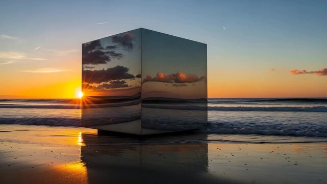 Reflective Cube on Beach Captures Sunsets Beauty.