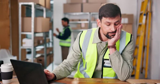 Logistics, man and frustrated with laptop in warehouse for order mistake, delivery error or brain fog. Staff, distribution app or dispatcher with stress at export depot for backlog workload or crisis