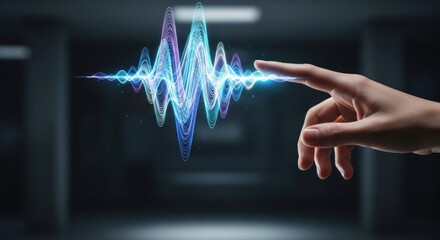 Hand touching a digital sound wave, representing audio technology and innovation