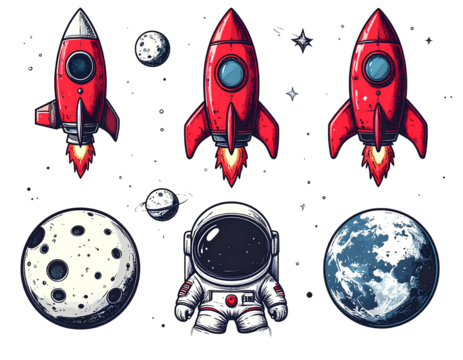 Six Space Themed Cartoon Icons Set Red Rocket Astronaut Earth Moon Satellite Telescop