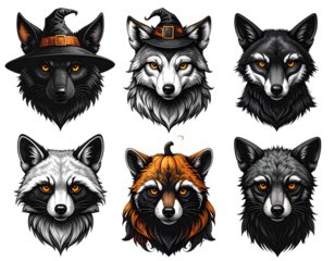 Six Stylized Halloween Animals Isolated on White Backgrounds Transparent P N G Cutout  