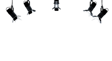 Multiple stage lights shining downward in a dark room isolated on transparent background
