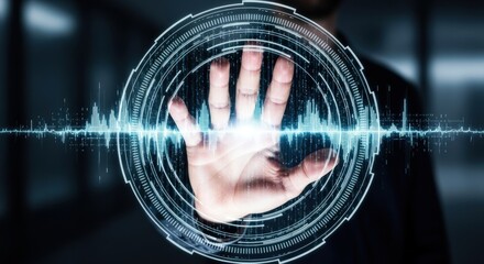 Man touching digital interface with sound wave and circle hologram in blurred background