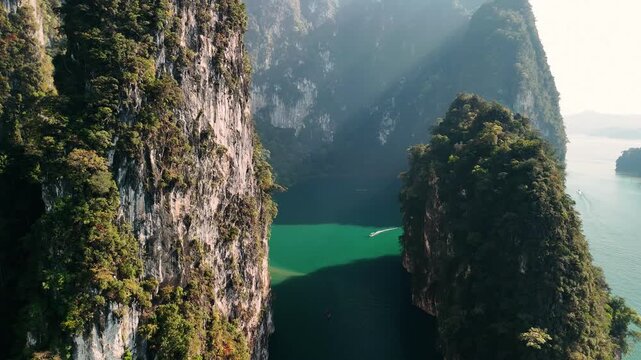 Aerial view of scenic landscape of khao sok national park, on at cheow lan lake, a popular tourist destination, Thailand.