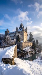 Snowy castle by a river