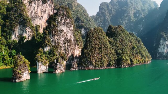 Aerial view of scenic landscape of khao sok national park, on at cheow lan lake, a popular tourist destination, Thailand.